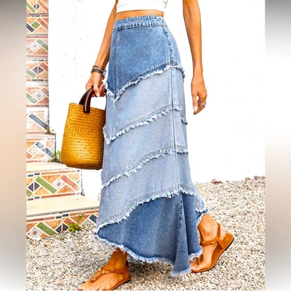 Denim Maxi Skirt with Frayed Hem